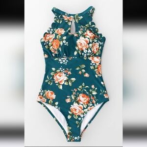 CUPSHE Teal Floral Scalloped One Piece Swimsuit